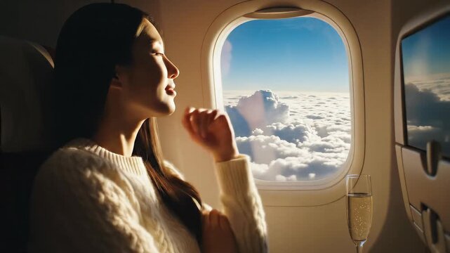 Young South Korean Woman in First Class by Airplane Window &ndash; Idyllic Sky View, High-Quality Travel Scene