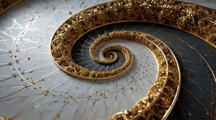 An intricate golden spiral decorates a textured white and dark background
