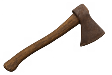 Rusty axe with a worn wooden handle, a heavy-duty tool for chopping wood, forestry, or camping, on transparent background