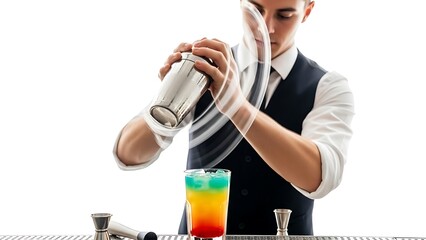 Stylish bartender shaking vibrant colorful cocktail, perfect for summer promotions and modern bar menus, bringing a refreshing and exciting vibe