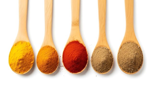 Spice up your culinary creations with these vibrant and flavorful spices turmeric, paprika, cumin in wooden spoons, perfect for cooking and recipe ideas.