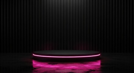 Dark Minimalist Podium with Pink Neon Light Strip, Futuristic Abstract Tech Product Display Stage: Gaming Accessory Showcase, Cyberpunk Presentation, Sleek Vertical Mockup.
