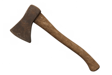 Vintage hatchet tool with old wooden handle and rusty metal blade on transparent background