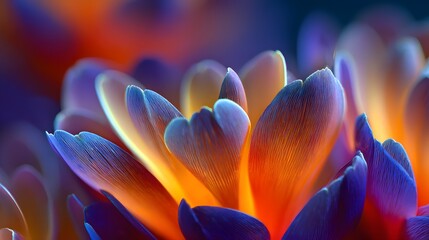 Vibrant petals display an intricate gradient of blue, purple, and intense orange illumination
