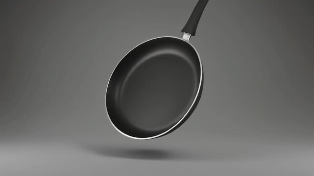 A black non-stick frying pan with a dark handle, suspended and tilted against a plain grey background, ready for cooking.