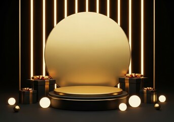 Luxurious black and gold stage with glowing neon lights and wrapped gifts: Holiday product display