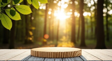 Wooden round platform on white table with green leaves and forest sunbeams: Organic skincare product display.