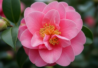 Exquisite pink camellia blossom, revealing intricate details of petals