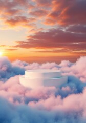 White Podium Floating on Pastel Clouds, Dreamy Abstract Heaven Product Display Stage: Fantasy Cosmetic Showcase, Spiritual Wellness Presentation, Sunrise Sky Backdrop.