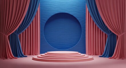 Pink Tiered Podium with Blue Niche and Curtains, Theatrical Abstract Cosmetic Product Display: Feminine Showcase, Vibrant Event Presentation, Stylish Vertical Mockup.