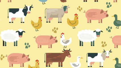 Seamless pattern with farm animals cows, pigs, sheep, chickens, and ducks on yellow background