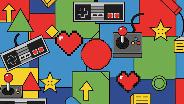 Retro video game elements pattern with pixelated hearts, joysticks, and controllers on colorful blocks
