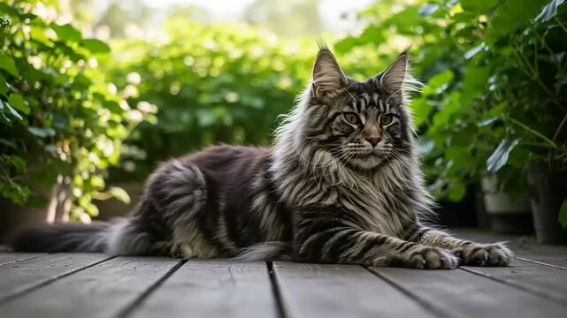 Maine Coon cat relaxing on wooden deck amidst greenery