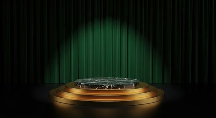Luxurious Gold Podium with Green Marble Top, Elegant Theatrical Product Display Stage: Exclusive Fashion Showcase, Grand Ceremony Backdrop, Modern Vertical Mockup.