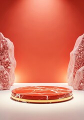 Red Marble Podium with Gold Band and Crystal Geodes, Luxurious High-Contrast Product Display: Exclusive Cosmetic Showcase, Abstract Mineral Presentation, Vibrant Vertical Mockup.