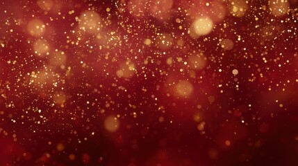 A deep red bokeh effect with numerous golden light spots creates a warm festive atmosphere,