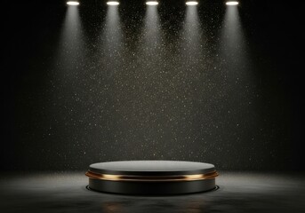 Black Podium with Gold Ring and Falling Glitter, Dramatic Exclusive Product Display Stage: Award Ceremony Backdrop, Grand Event Presentation, Vertical Festive Mockup.