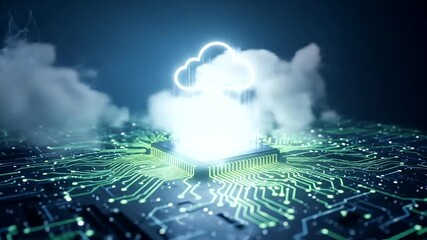 Futuristic cloud computing concept with a glowing microchip, digital circuits, and data streams in a tech-inspired environment - Powered by Adobe