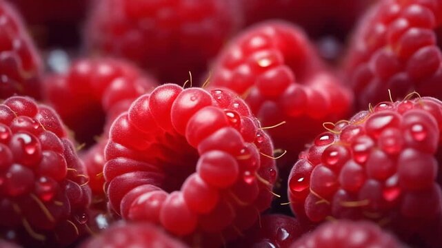 Macro shot of ripe raspberries forming seamless textured background displaying detailed natural freshness in imagery