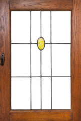 Isolated antique cabinet door with old window panes & yellow glass insert. Add text, images, in sections.