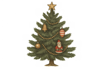 Decorated christmas tree with a star, bell, santa claus ornament, and garland, bringing a nostalgic holiday feel