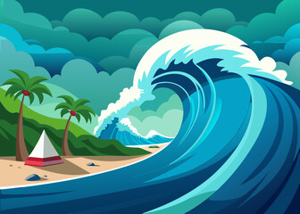 tsunami wave approaching the shore, disaster preparedness theme, no human