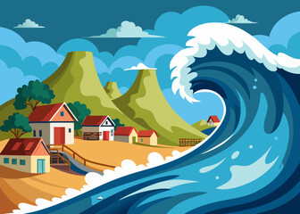 tsunami wave approaching the shore, disaster preparedness theme, no human
