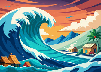 tsunami wave approaching the shore, disaster preparedness theme, no human