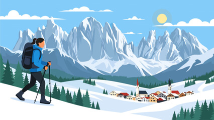 A determined hiker with trekking poles navigates a pristine winter landscape, heading toward a charming alpine village nestled beneath a breathtaking backdrop of jagged, sunlit mountain peaks
