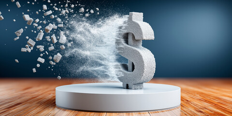 3D illustration of dollar symbol disintegrating into particles on wooden platform, symbolizing financial instability or transformation. background is gradient blue, enhancing dramatic effect