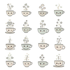 Cute animated coffee cups expressing love and warmth with steaming hot beverage motifs