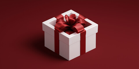 Obraz premium White gift box with vibrant red ribbon sits elegantly on matching red background, creating festive and inviting atmosphere