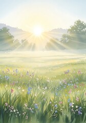 Watercolor sunrise meadow with vibrant flowers and sun rays shining through