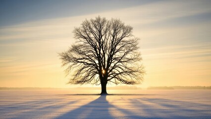 Solitary tree standing in snowy field at sunset isolated on transparent background