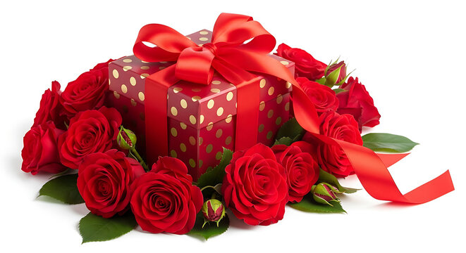 Red gift box with gold polka dots surrounded by red roses - Powered by Adobe