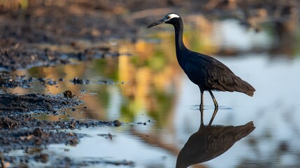 Long necked dark wading bird stands reflected in shallow water near muddy bank