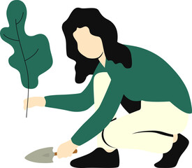 Woman planting a small plant with a shovel, symbolizing gardening, environmental care, and sustainable living in a flat design illustration