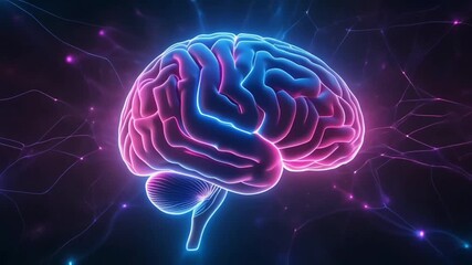 A floating neon brain emits radiant blue and pink highlights, its digital lines forming an intricate web of neural connections. - Powered by Adobe