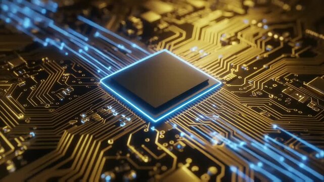A macro cinematic view of a glowing AI processor embedded in a golden circuitboard. Blue light pulses across micro pathways, representing powerful next-generation computation.