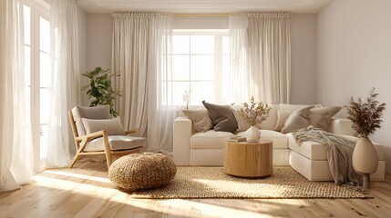 Bright modern living room interior featuring natural textures and soft neutral tones