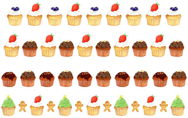 手描き水彩のカップケーキ4本セット｜いちご・ブルーベリー・チョコ・クリスマスデコレーションのデザートイラスト