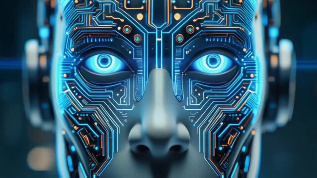 A highly detailed robotic face showing integrated microchips, glowing blue pathways, and holographic textures. The calm yet mechanical expression amplifies its advanced AI identity.
