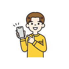スマートフォンの画面を指差す、若い男性・男子学生の上半身ベクターイラスト素材＿カラー