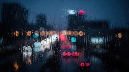 City lights blurred by rain on a window, creating an abstract urban scene.