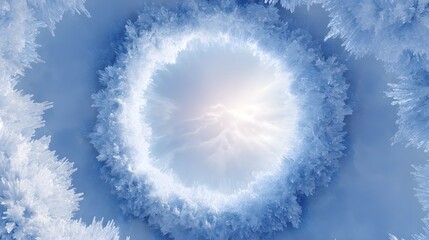 Brilliant light shines through a circular opening framed by intricate frost formations