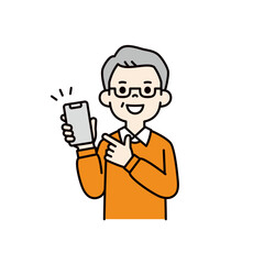 スマートフォンの画面を指差す、中高年の男性・おじいさんの上半身ベクターイラスト素材＿カラー