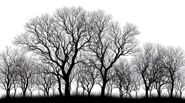 Silhouette of numerous leafless trees standing atop a strip of dark foreground grass
