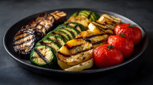 Assortment of freshly grilled vegetable slices and whole tomatoes arranged on a dark plate