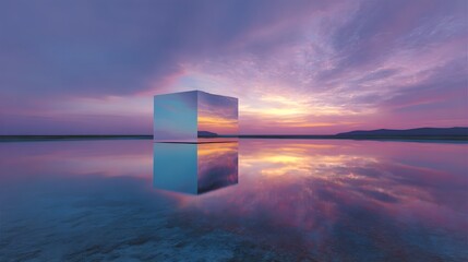 Mirrored geometric shape rests upon a still water surface during twilight hours