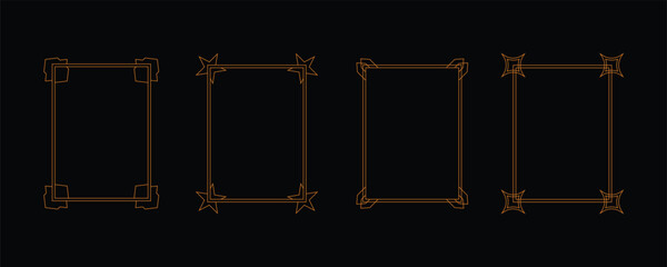Set of Four Elegant Ornate Border Frames on Black Background | Gold Bronze Corner Accents, Minimalist Vintage Certificate Edges, Decorative Design Elements